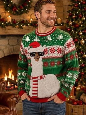 Ugly Christmas Green Sweater Blizzard Bay Llama In Sunglasses Scarf Unisex Sz L